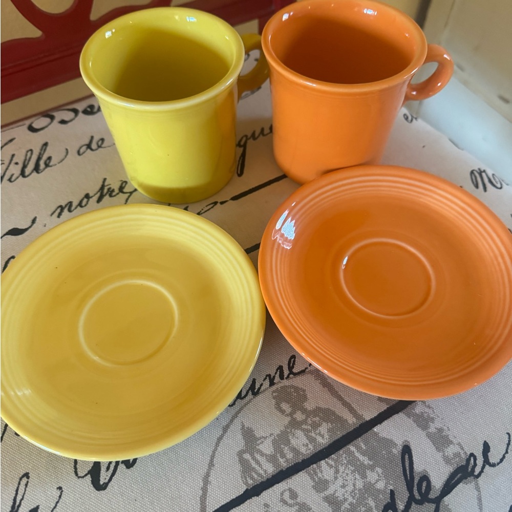 Fiestaware 2 Mugs and Saucers Yellow and Orange